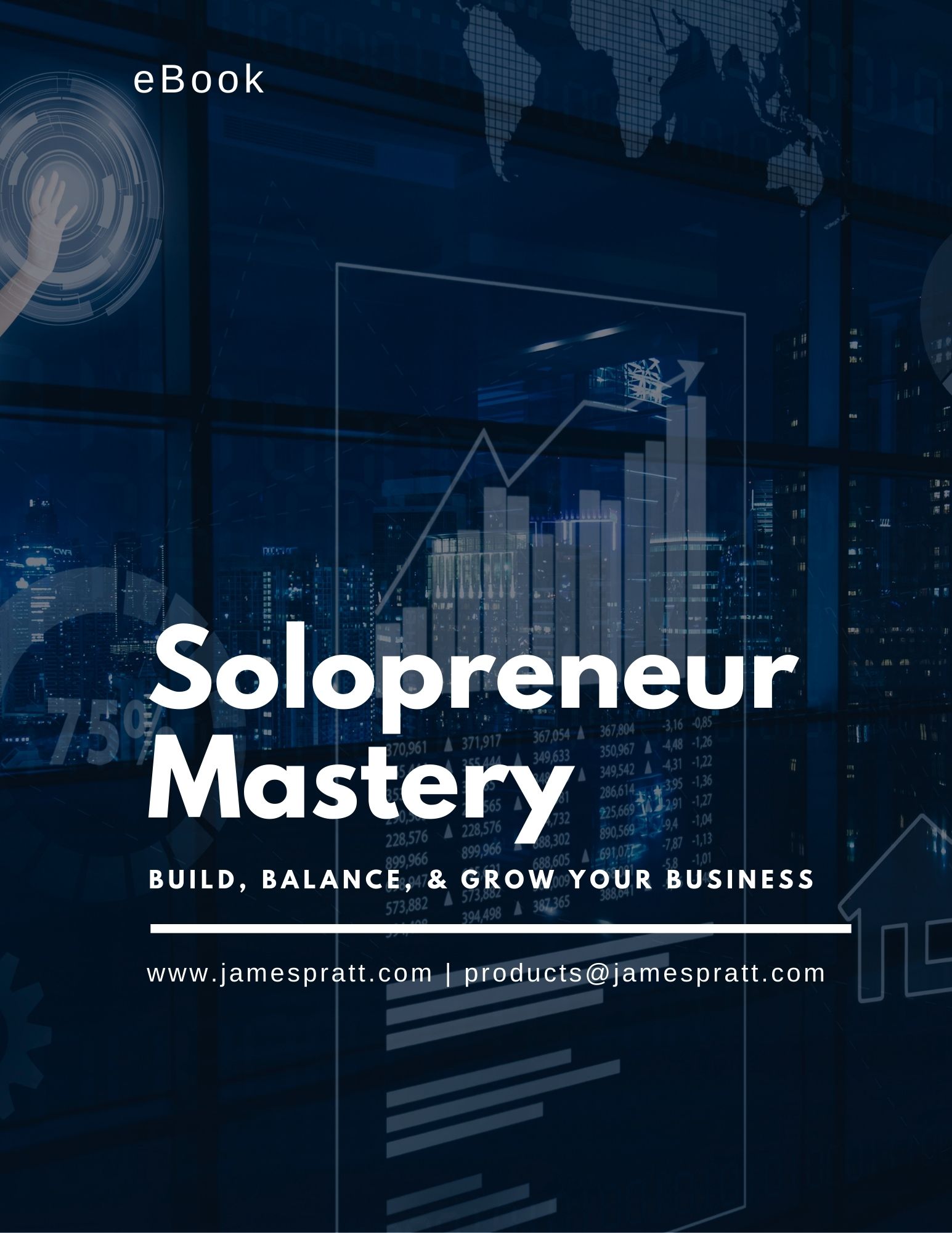 Book cover of 'Solopreneur Mastery' with the subtitle 'Build, Balance, and Grow Your Business | eBook.' The website www.jamespratt.com is displayed in the bottom right corner.