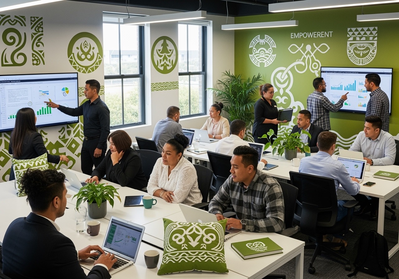 Pacific and Māori entrepreneurs collaborating in a modern digital workspace, reflecting the inclusive, empowering spirit of the Digital Business Hub.