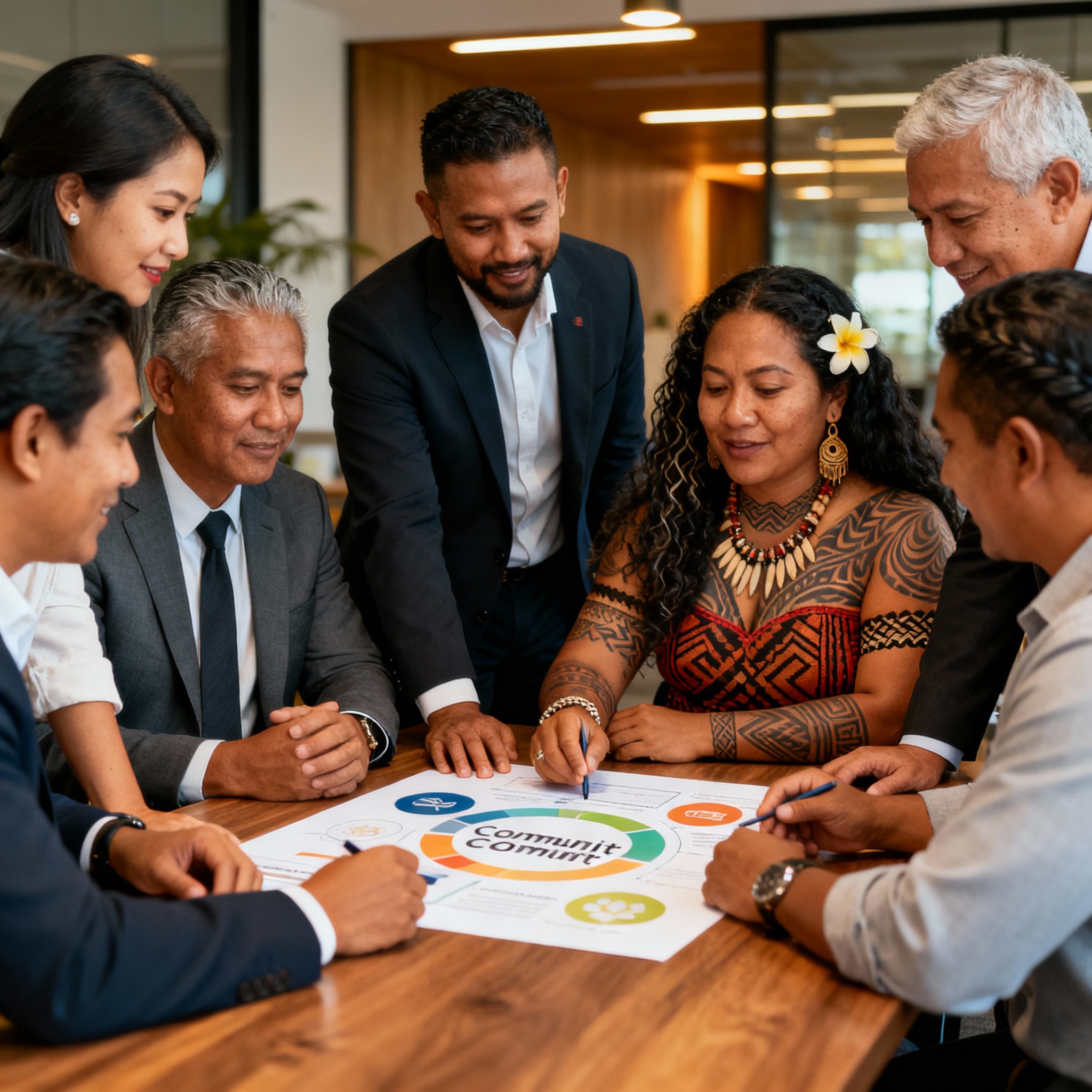 Pacific, Māori, and global entrepreneurs collaborating with elders and community leaders, symbolising collective responsibility and relational space in business.