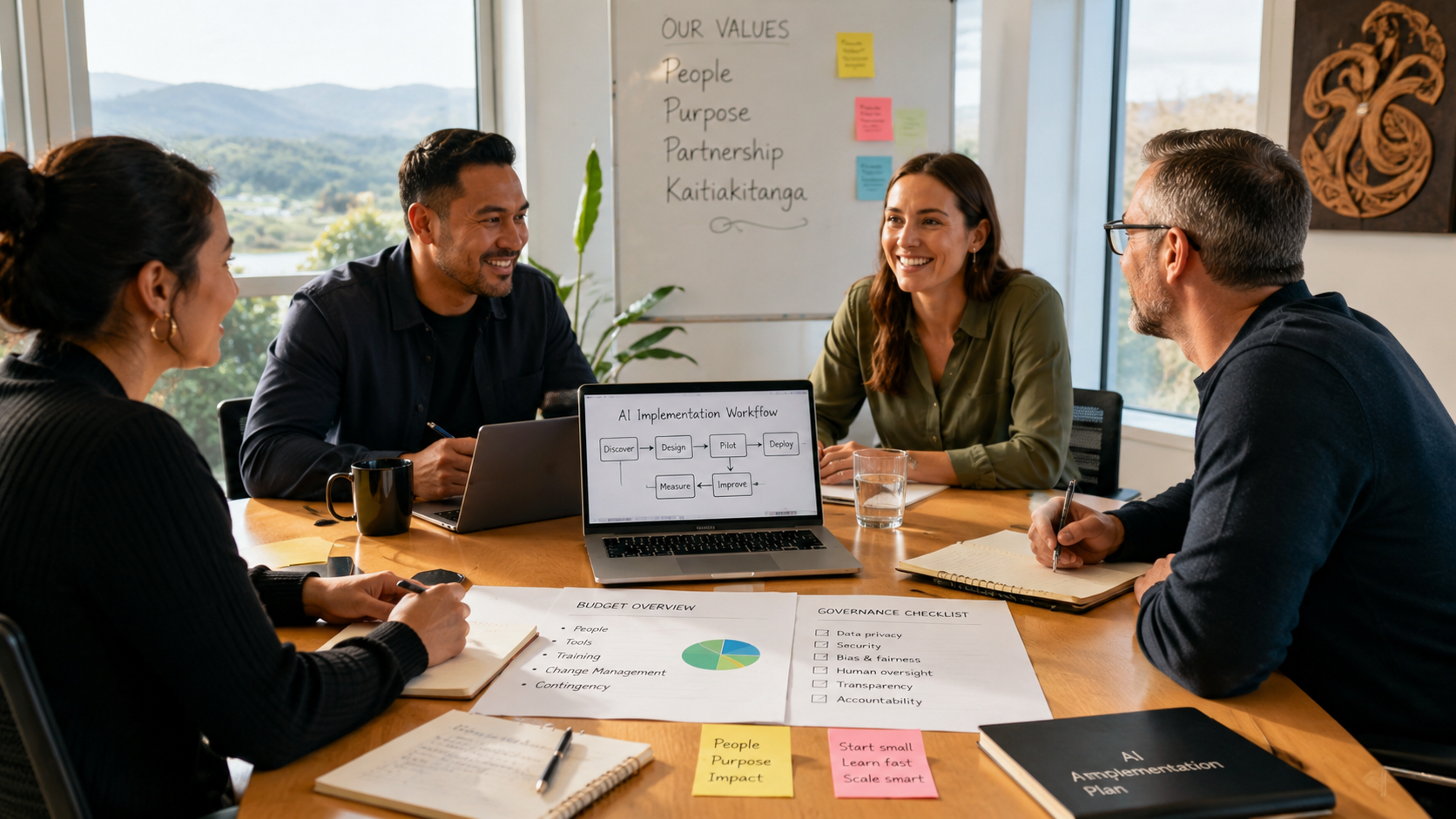 A small team planning AI implementation costs, workflows, risks, and next steps around a meeting table.