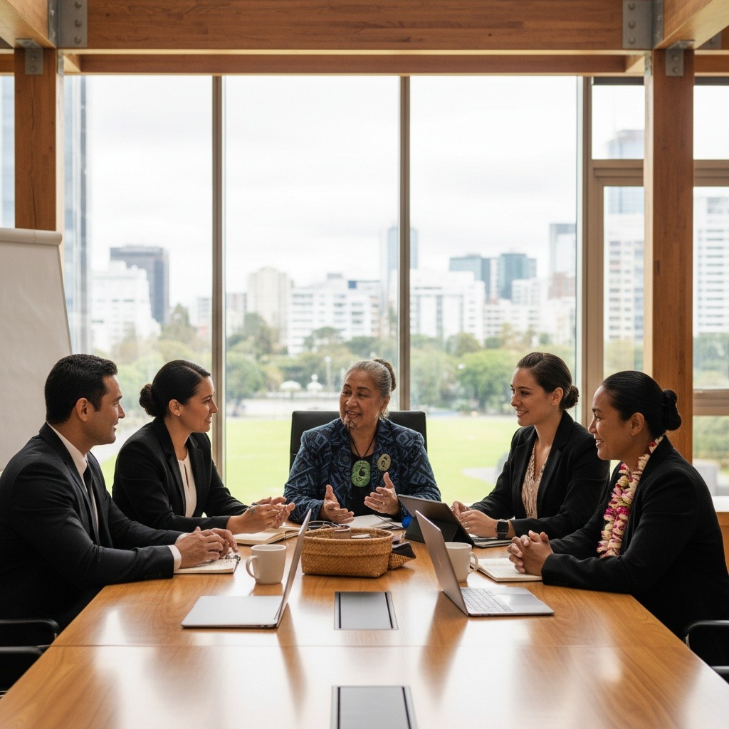 A diverse group of Māori, Pacific, and global business leaders collaborating around a boardroom table, symbolising cultural integration and partnership.