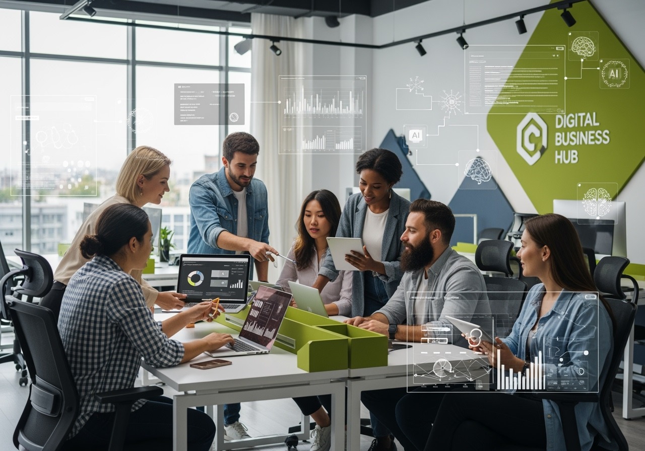 Diverse entrepreneurs using AI tools on laptops and mobile devices to grow their businesses in a modern digital workspace.