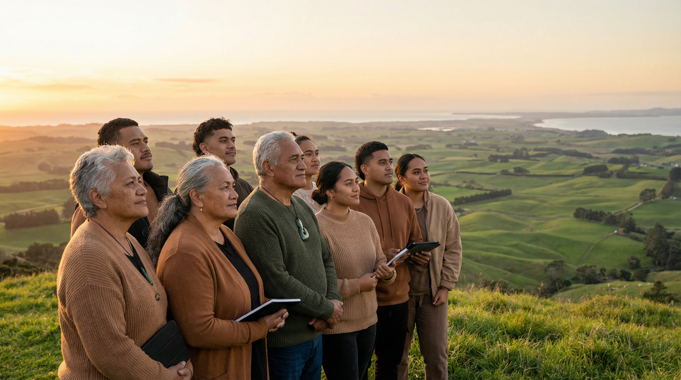 An inspiring, forward-looking blog header image for a New Zealand community business advisory website. Scene: A mixed-age group of Māori and Pacific people — elders and young adults together — stand or sit on a hillside or at a high point with a sweeping view of green New Zealand farmland or a coastal landscape stretching ahead. They are looking out together, not at the camera — a sense of contemplation, possibility, and collective vision. The mood is hopeful, dignified, and grounded. Golden afternoon light. Some hold notebooks or tablets. One elder wears a pounamu pendant. No conflict imagery, no stress. The composition suggests community, continuity, and the future. Warm natural tones — greens, golds, browns.