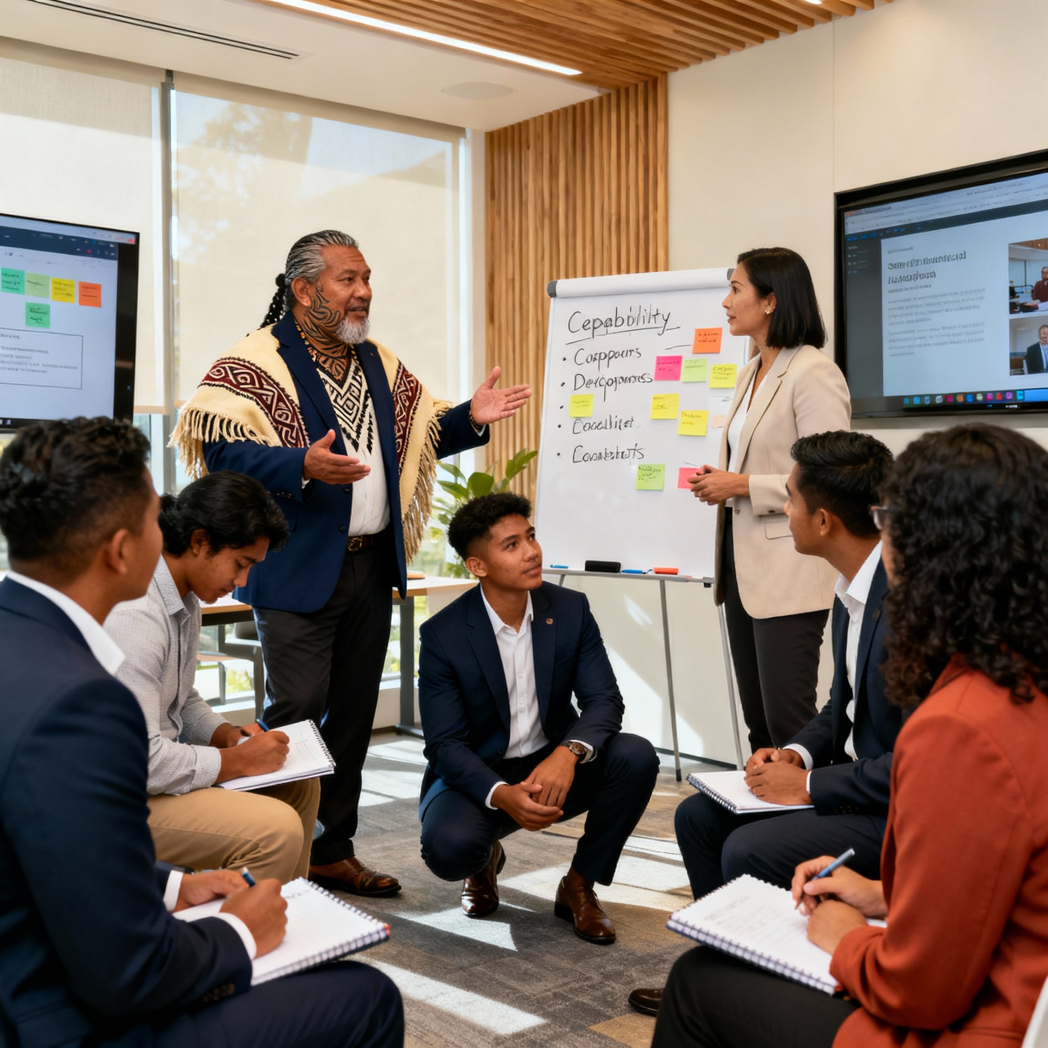 Pacific, Māori, and global leaders collaborating and mentoring in a modern, inclusive workspace, symbolising empowerment and service in leadership.