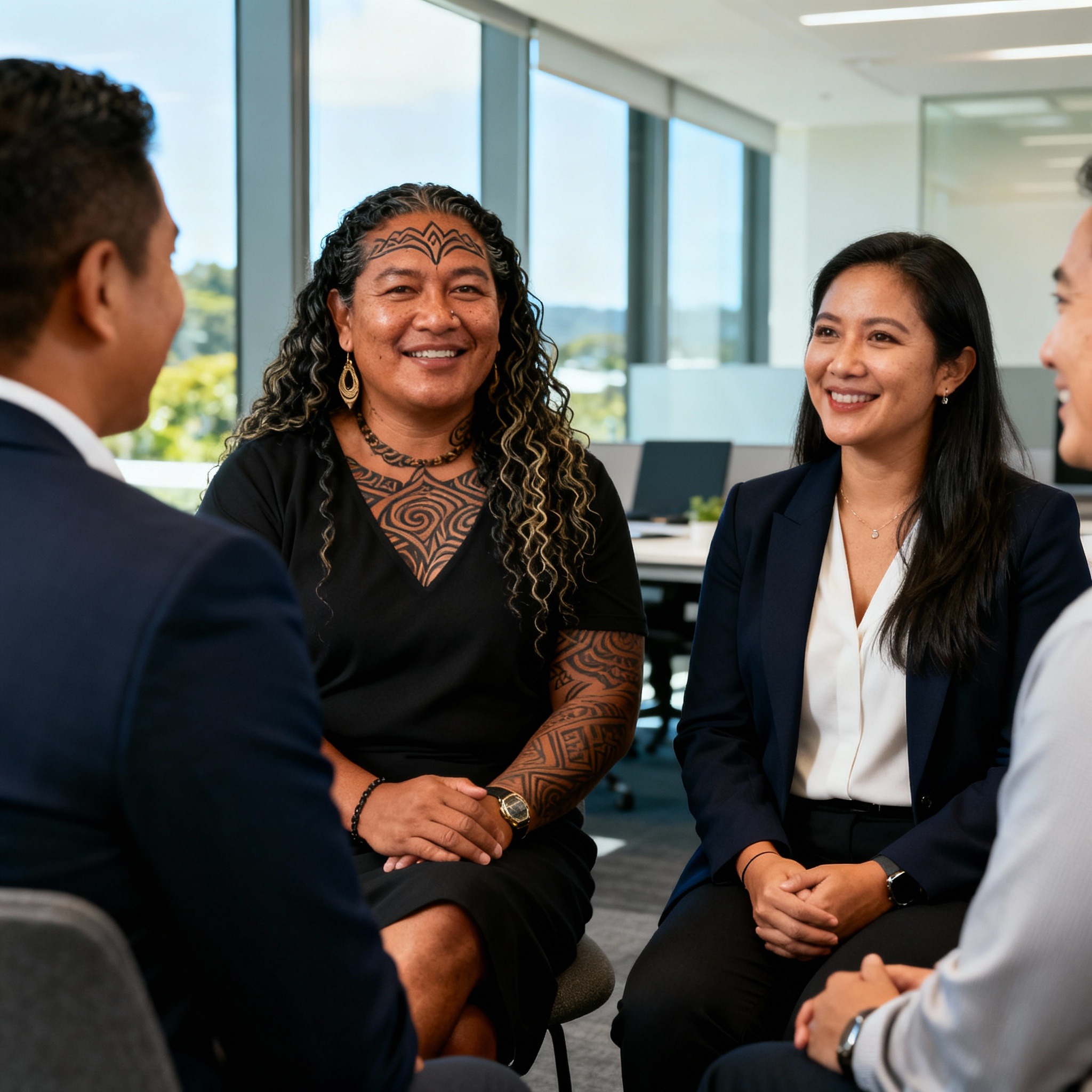 Pacific and Māori business professionals engaged in attentive dialogue in a modern office, demonstrating active listening, bridge-building communication, and honouring of sacred relational space.
