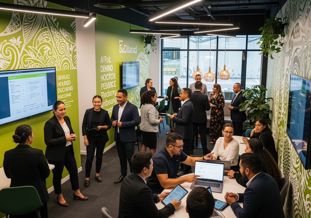 Diverse Pacific, Māori, and global entrepreneurs collaborating and celebrating in the Digital Business Hub community.