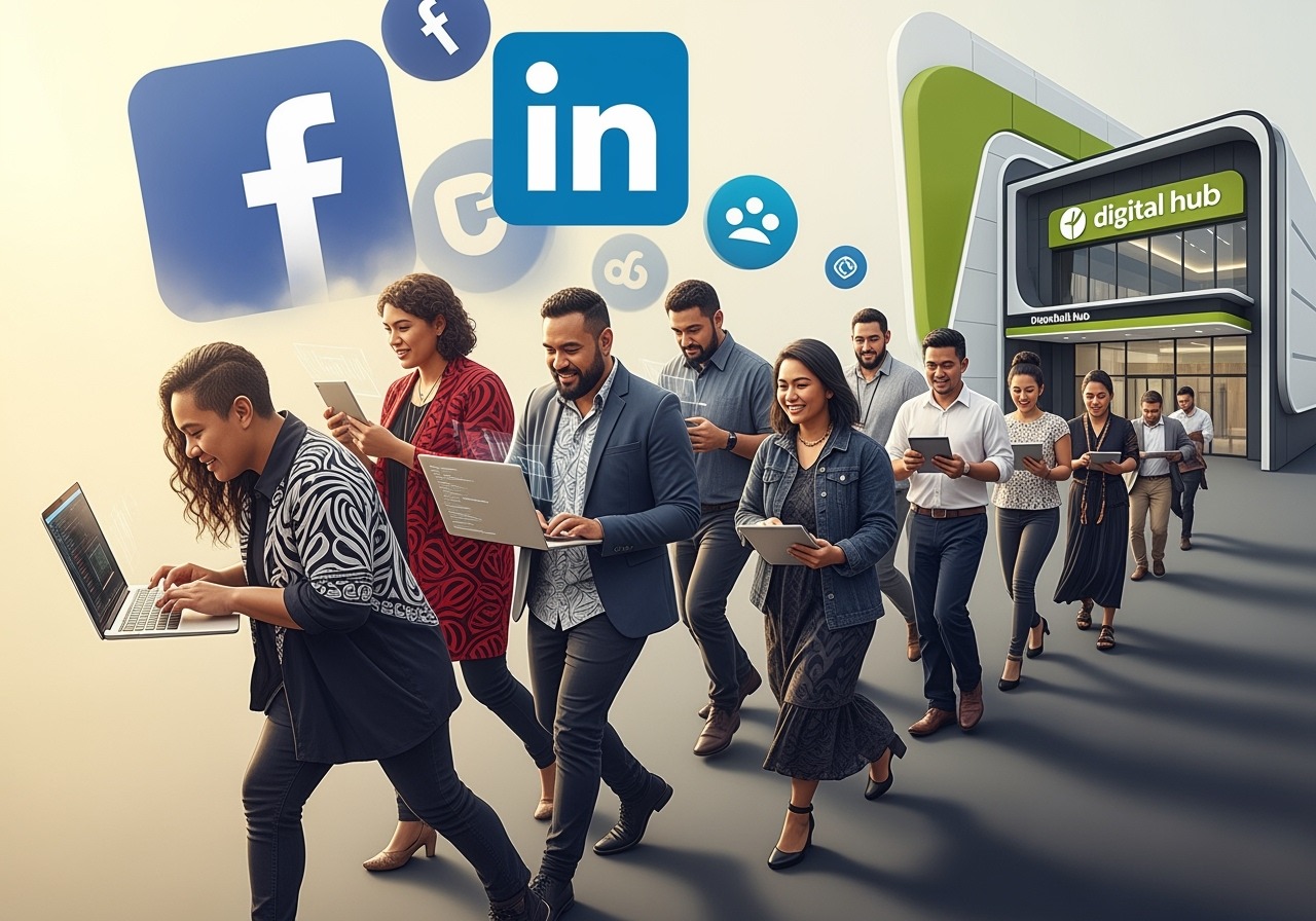 Pacific and Māori entrepreneurs engaging in a digital migration to the Digital Business Hub, symbolising community and connection.
