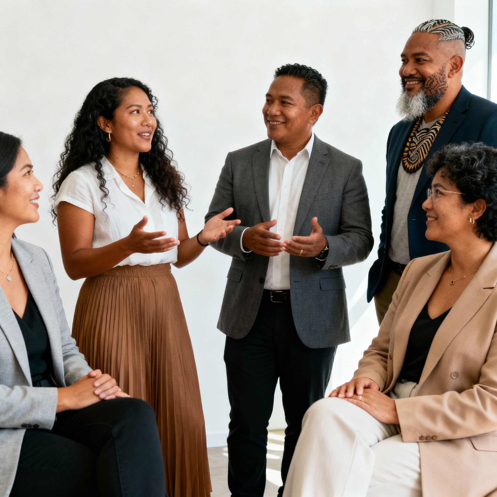 Pacific, Māori, and global entrepreneurs collaborating on generational business planning in a culturally inclusive environment.