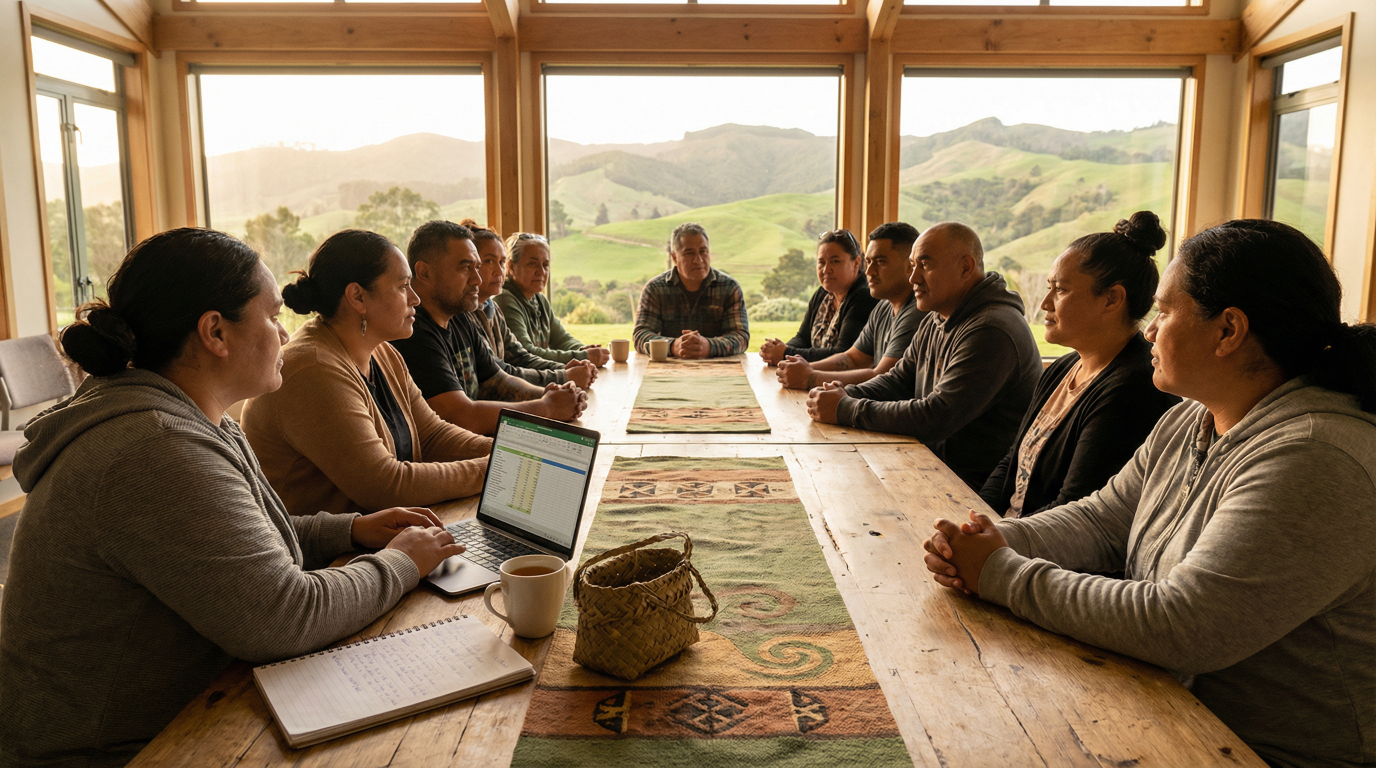 The image shows a diverse group of Māori and Pacific people gathered around a community table with a laptop, notebook, woven kete, and tapa-patterned runner — New Zealand hills visible through the windows behind them. The mood is calm, focused, and collaborative. 
