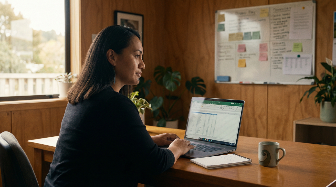 A calm, professional blog header image for a New Zealand community business website. Scene: A Māori or Pacific woman in her late 30s sits at a small office desk in a modest community organisation space — wooden walls, a whiteboard with notes, natural light through a window. She is looking at a laptop screen showing a spreadsheet or dashboard, notepad open beside her, a cup of tea nearby. Her expression is focused and composed, not anxious. The room feels like a real working not-for-profit or small business — organised but unpretentious. Warm, earthy colour tones. Soft afternoon light. A subtle koru motif on a nearby decorative item.