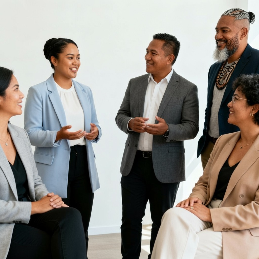 acific and Māori business professionals of diverse ages engaged in warm conversation in a modern office, demonstrating authentic relationship-building and intergenerational connection.